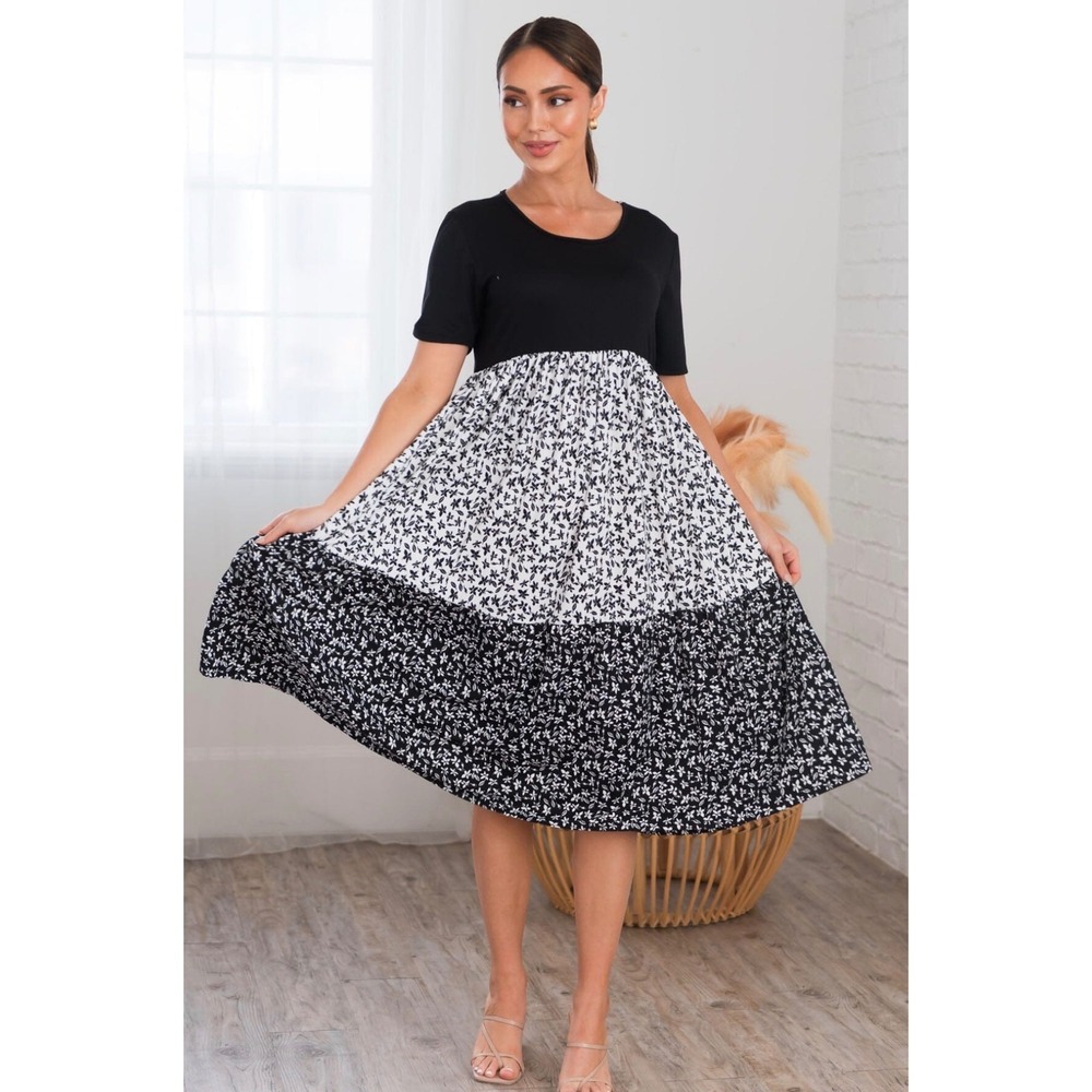 Noracora Women Black White Floral Tiered Midi Dress XL Short Sleeve Colorblock